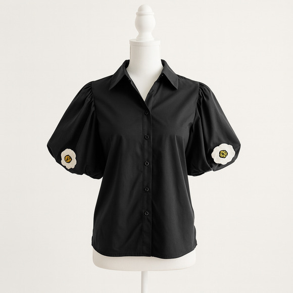 By Design Tops - By Design S Black Puff Sleeve Button Up Embroidered Top NWT Poplin Holiday Chic